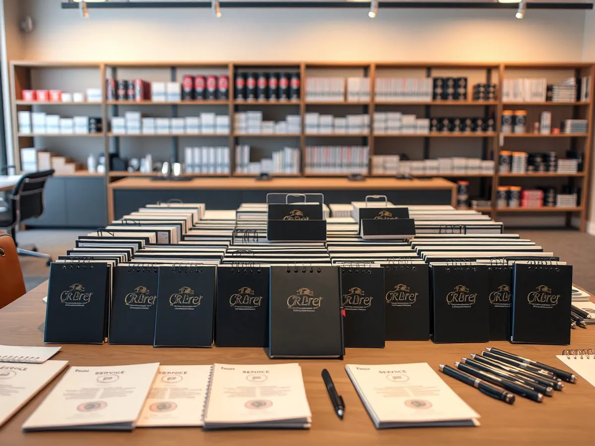 商务活动赠品展示，定制笔记本和笔套装整齐摆放在桌面